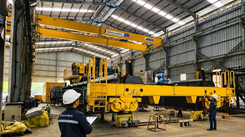 Teknisi melakukan inspeksi overhead crane ElectroMech dan ABUS sebelum pengiriman di area workshop industri.