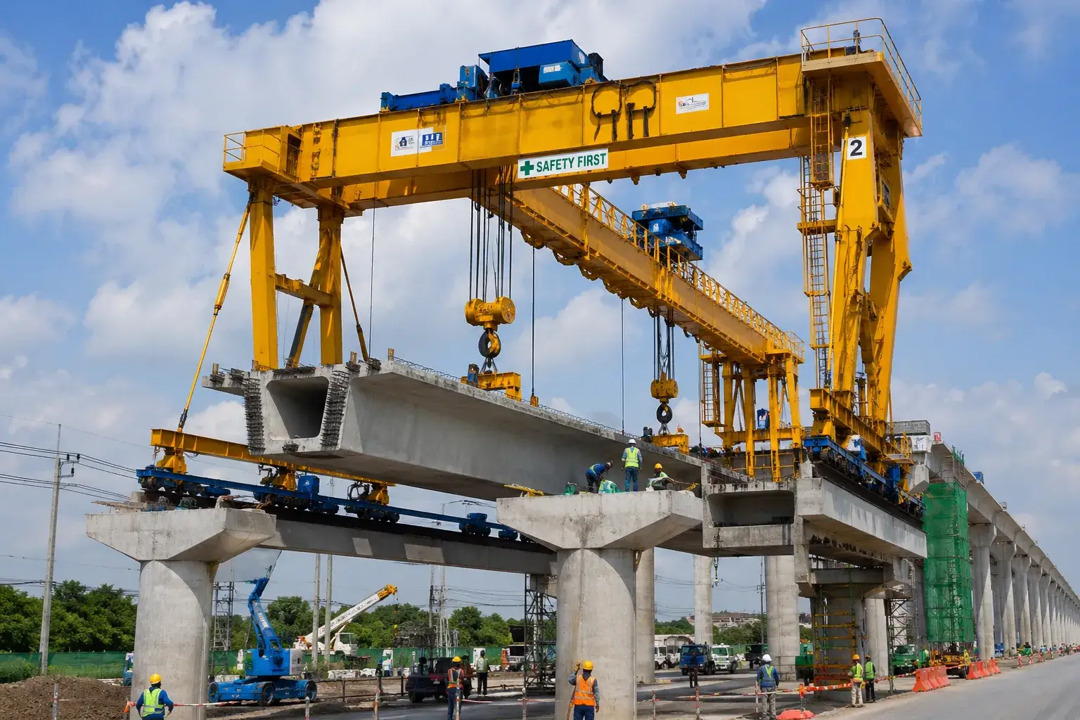 Alat berat gantry crane sedang memindahkan material konstruksi di area proyek infrastruktur skala besar.
