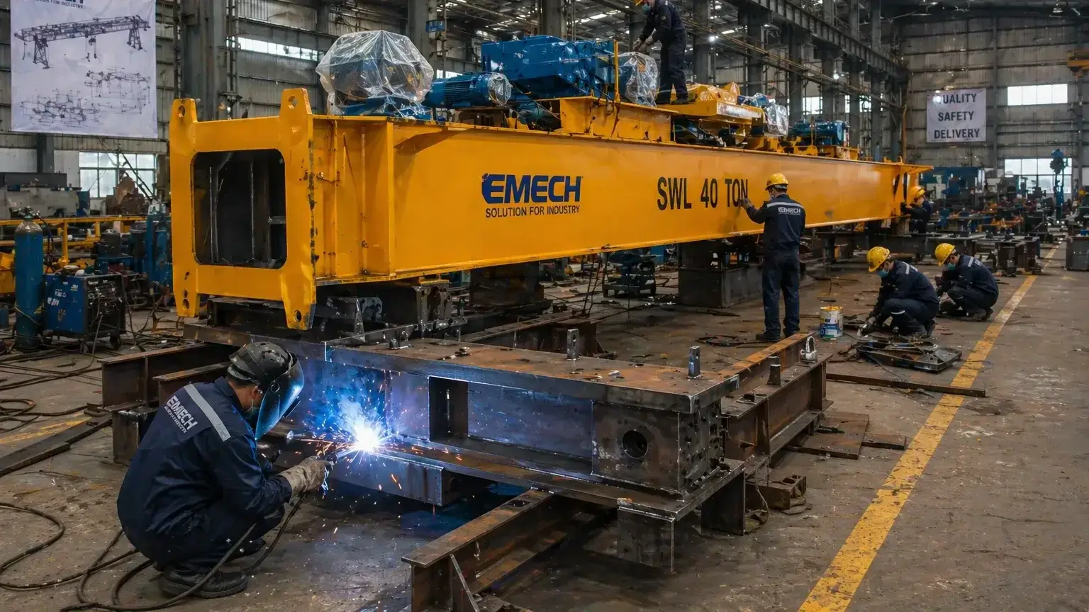 Dokumentasi proses pembuatan dan perakitan alat angkat crane di fasilitas workshop emech.id.