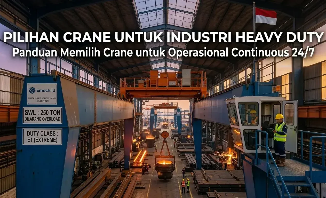 Visualisasi double girder overhead crane heavy duty yang dirancang untuk menangani beban ekstrem dan operasional continuous 24/7 di industri baja.