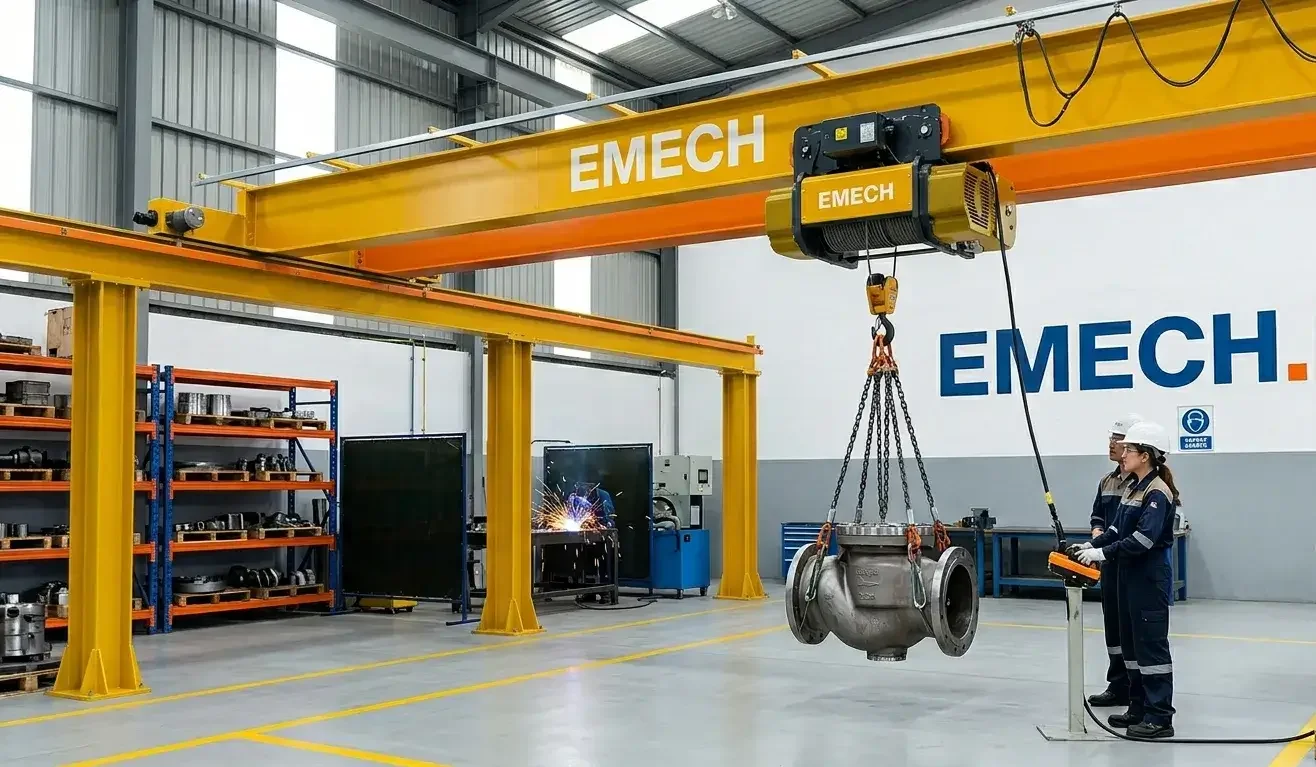 "Unit hoist crane elektrik kuning bermerek Emech terpasang pada struktur gantry crane di area produksi, menampilkan sistem pengangkatan material otomatis yang efisien
