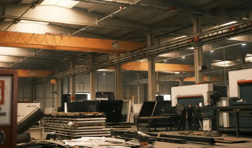Visualisasi sistem overhead crane yang stabil dan presisi di dalam area produksi indoor untuk mendukung workflow industri otomotif dan manufaktur modern.