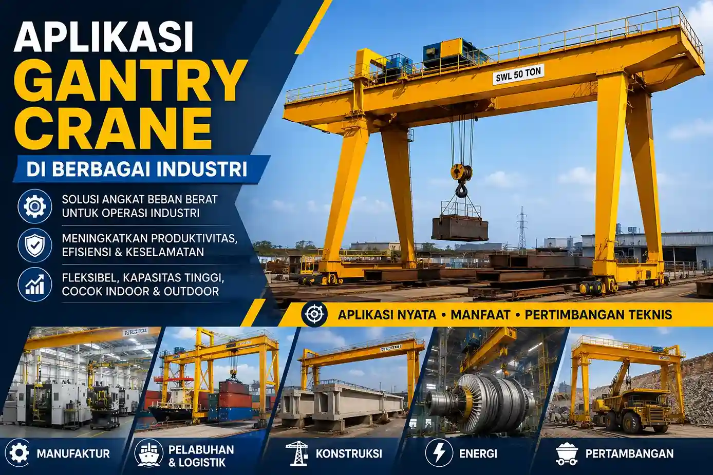 Ilustrasi aplikasi gantry crane di berbagai industri yang menunjukkan penggunaan crane untuk material handling pada fasilitas manufaktur, pelabuhan, proyek konstruksi, pembangkit energi, dan area pertambangan.