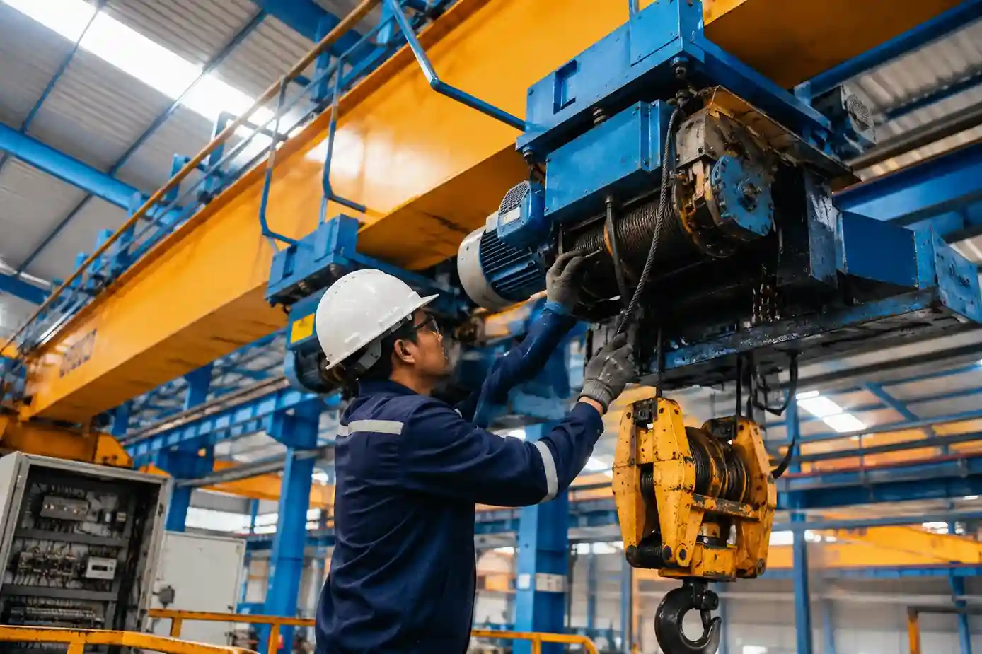 Inspeksi maintenance overhead crane industri oleh teknisi Indonesia pada sistem hoist, wire rope, dan hook crane di fasilitas manufaktur untuk mendukung keselamatan kerja, keandalan peralatan, dan produktivitas material handling.