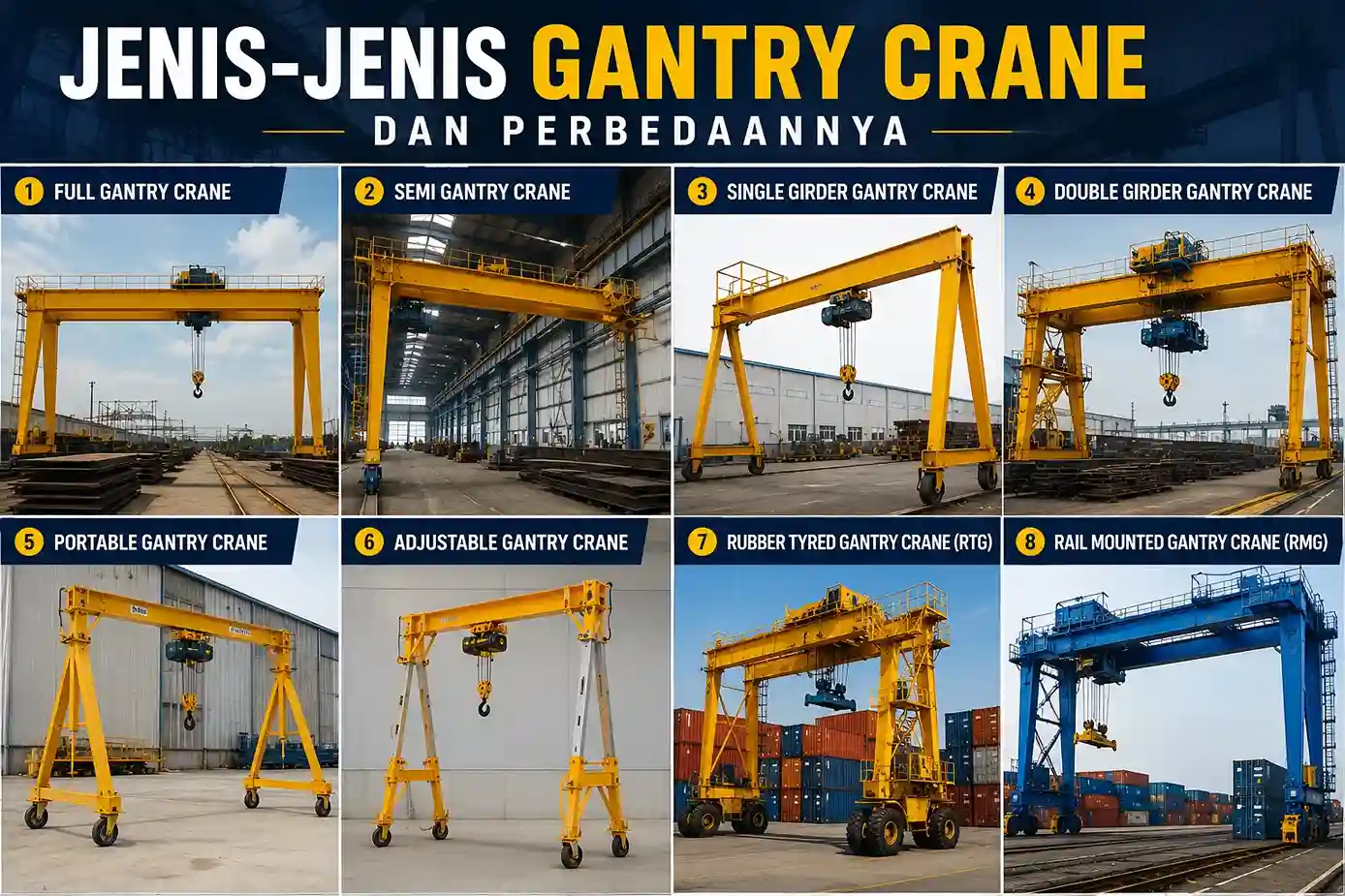Jenis-jenis gantry crane dan perbedaannya meliputi full gantry crane, semi gantry crane, single girder, double girder, RTG, dan RMG