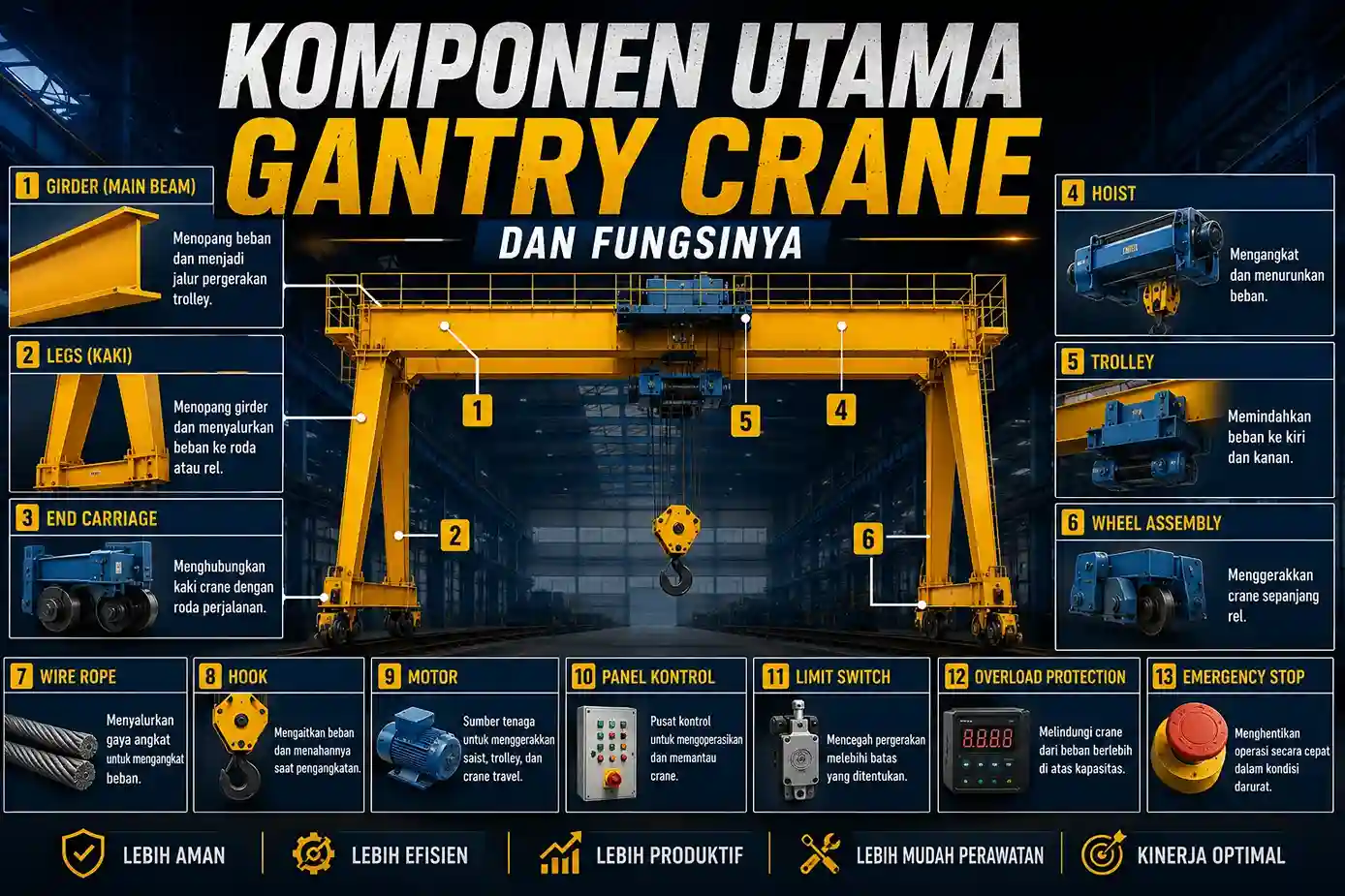Infografis komponen utama gantry crane dan fungsinya meliputi girder, legs, end carriage, hoist, trolley, wire rope, hook, motor, panel kontrol, limit switch, overload protection, dan emergency stop.