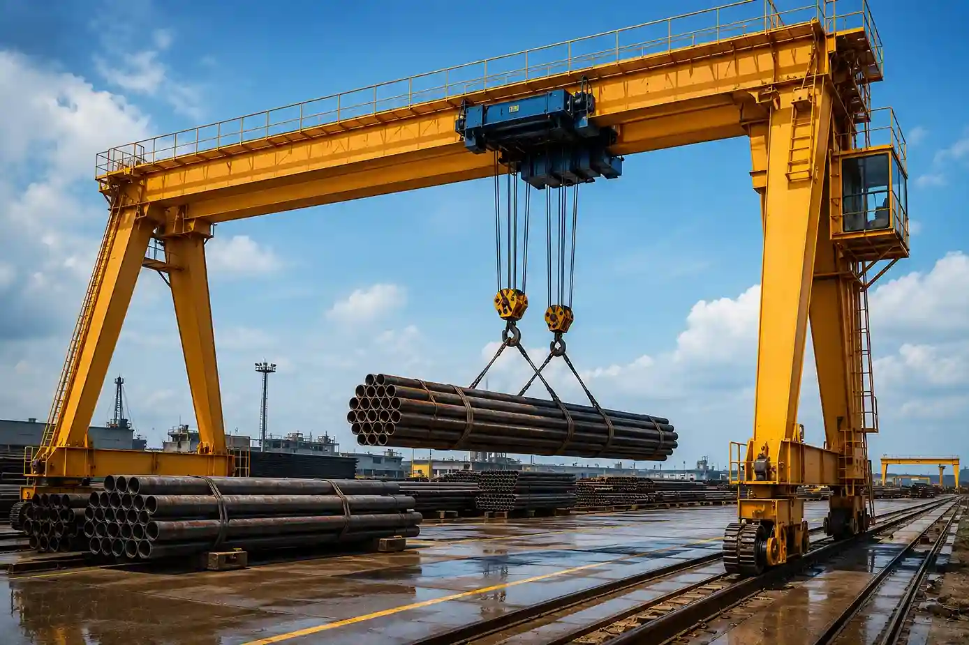 Gantry crane di area outdoor memindahkan pipa baja pada fasilitas industri dengan sistem lifting dan rel untuk material handling skala besar.