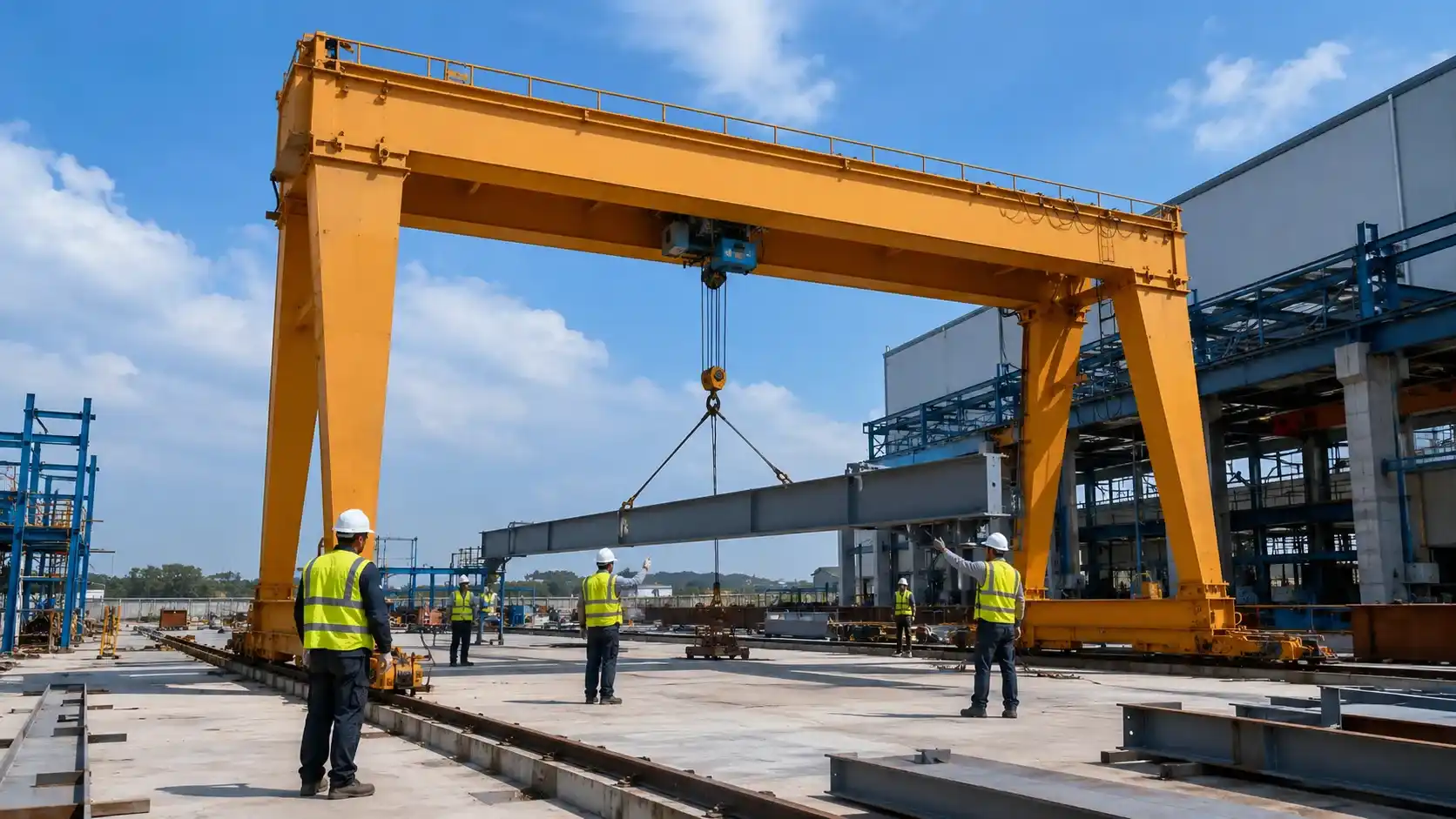 Proses testing gantry crane setelah instalasi di area industri untuk memastikan fungsi hoist, trolley, travel, dan sistem keselamatan bekerja dengan aman.