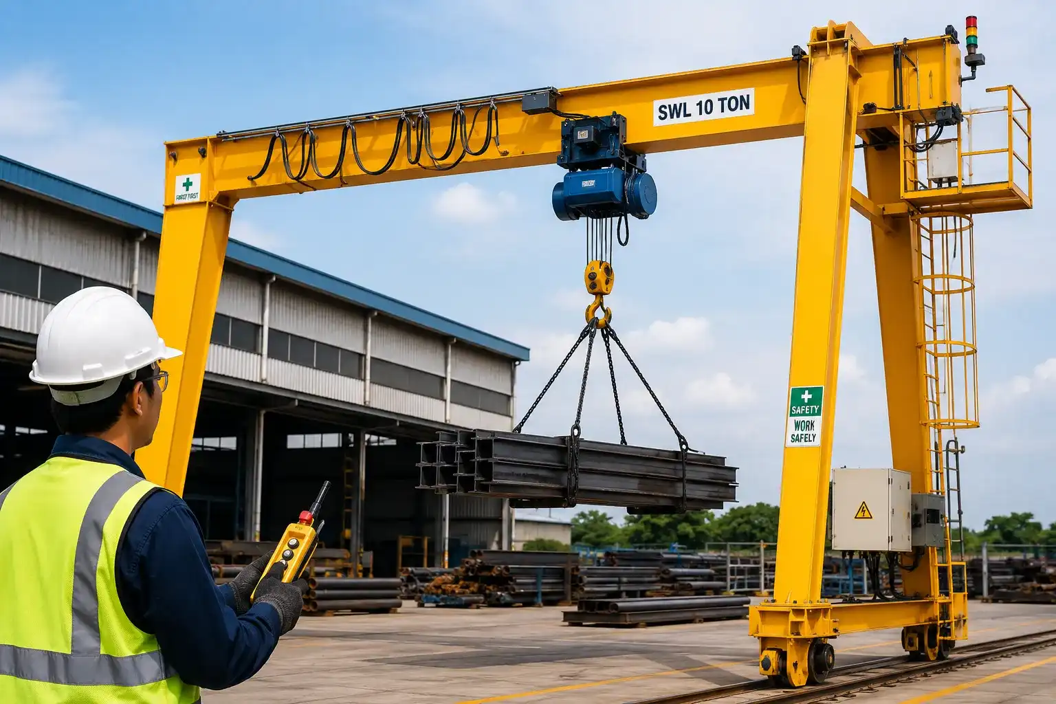 Operator industri mengendalikan gantry crane kuning dengan remote control untuk mengangkat material baja di area yard pabrik secara aman.