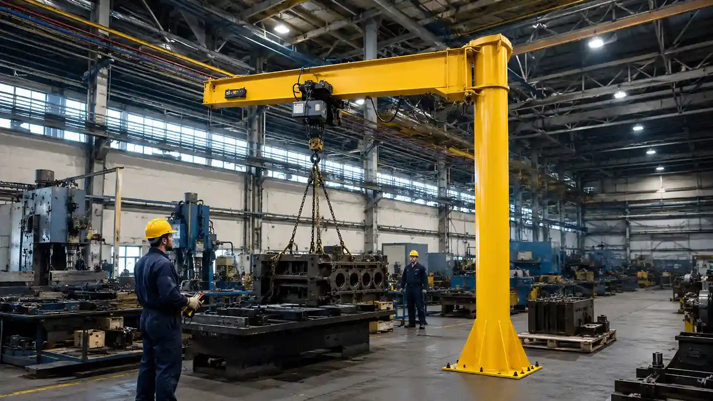 Jib crane kuning digunakan untuk mengangkat komponen mesin berat di area produksi industri dengan operator menggunakan remote control.