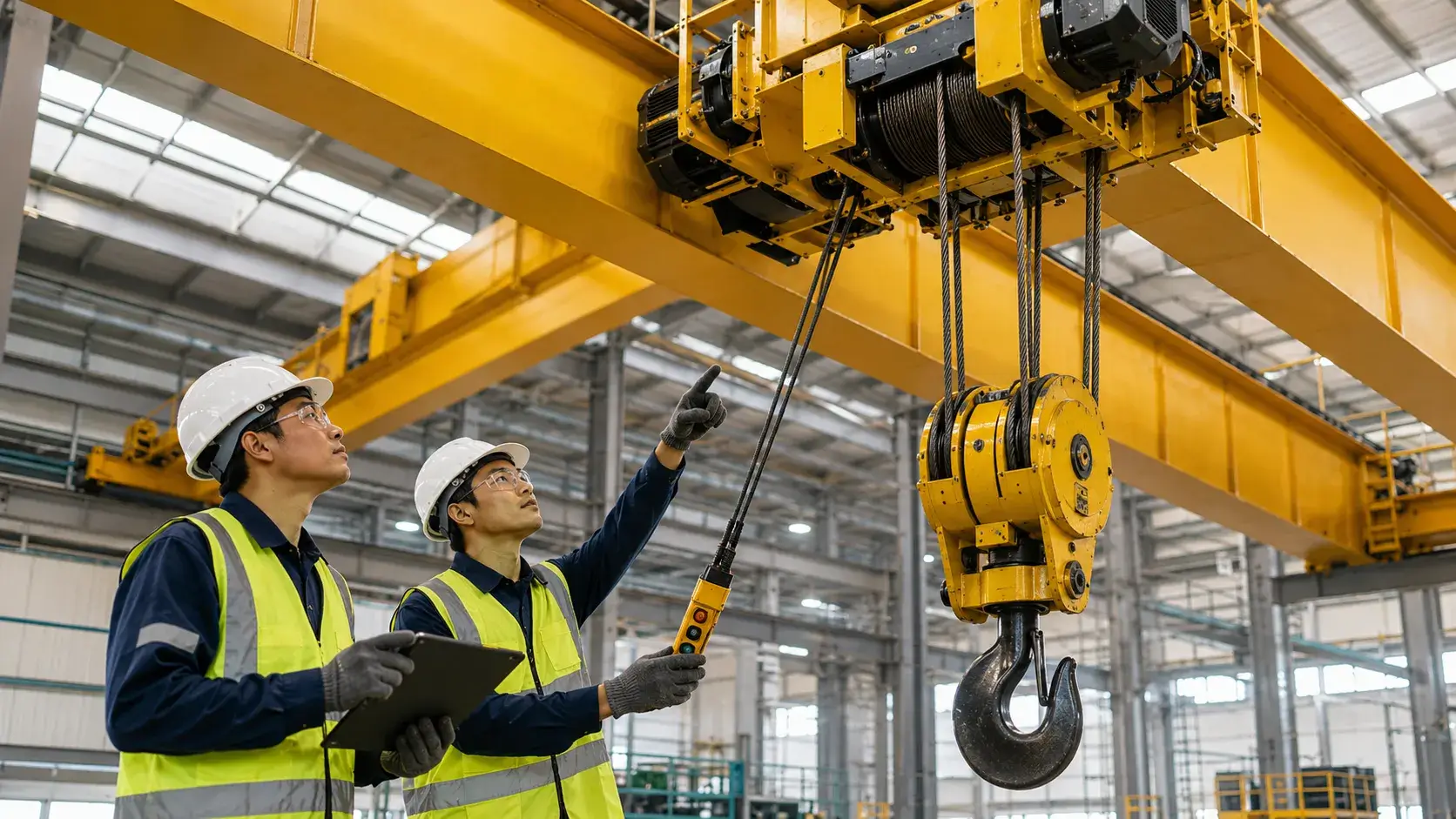 Inspeksi crane 20 ton oleh teknisi di area pabrik industri.