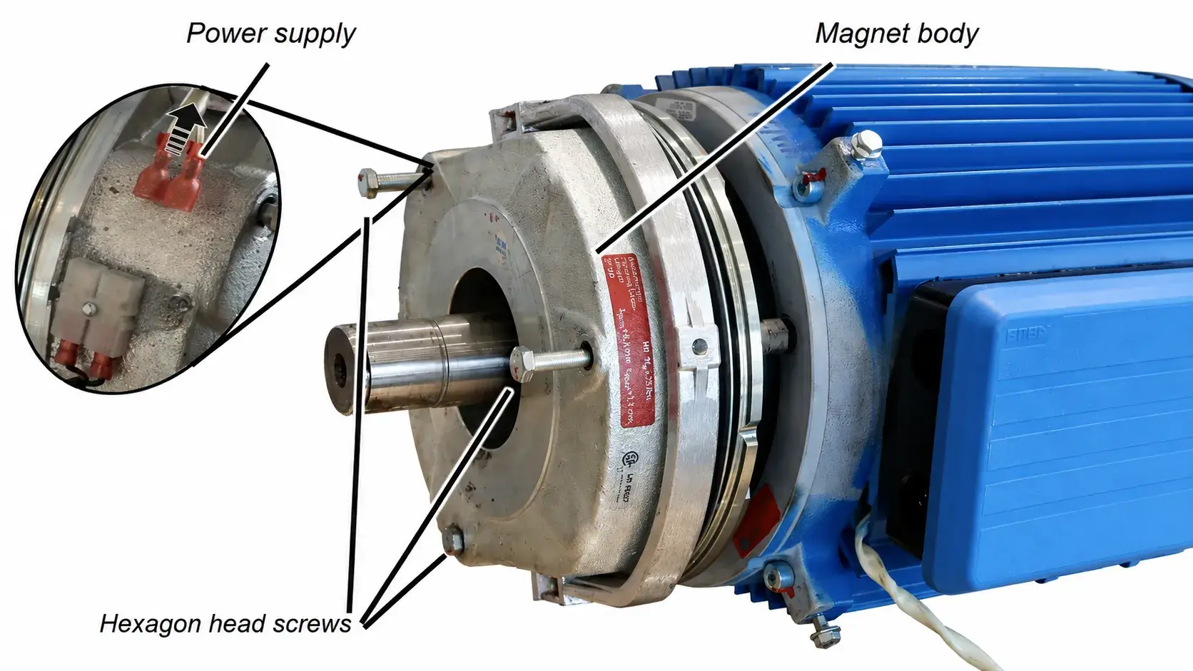 Komponen brake system pada hoist crane dengan magnet body, power supply, dan hexagon head screws pada motor hoist