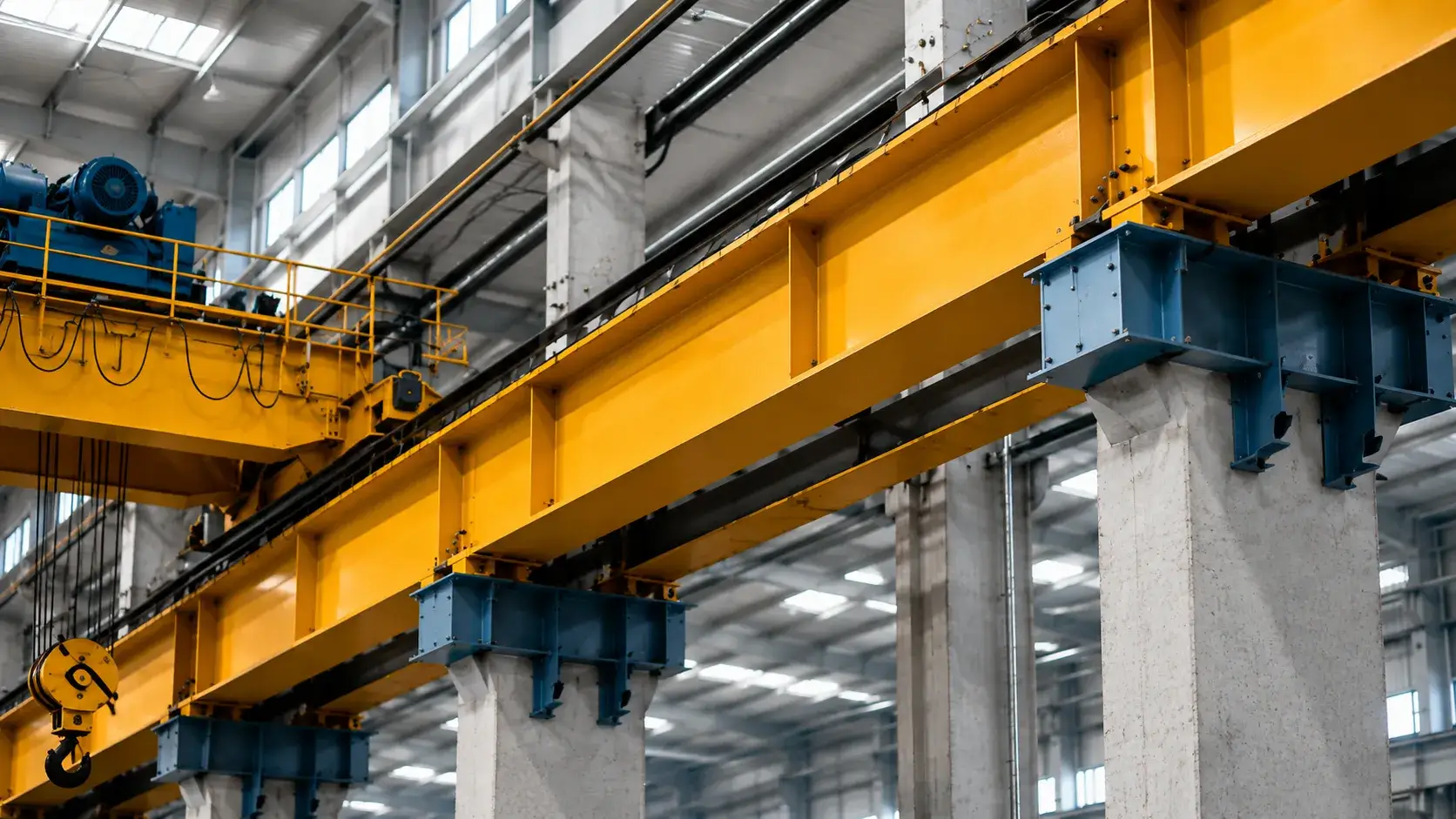 Runway beam overhead crane dengan rail dan struktur penyangga di area pabrik industri
