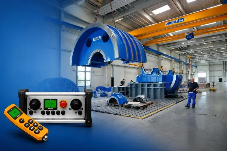 Dua jenis transmitter radio remote control ABUS model tombol dan joystick, dengan latar belakang operator yang sedang mengendalikan overhead crane mengangkat beban berat dari jarak aman.