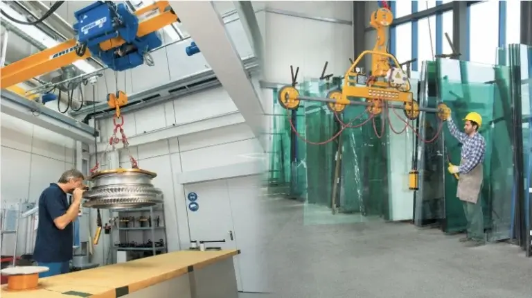 Crane ABUS memindahkan komponen dan material kaca menggunakan kontrol inverter untuk gerakan serta positioning yang lebih halus