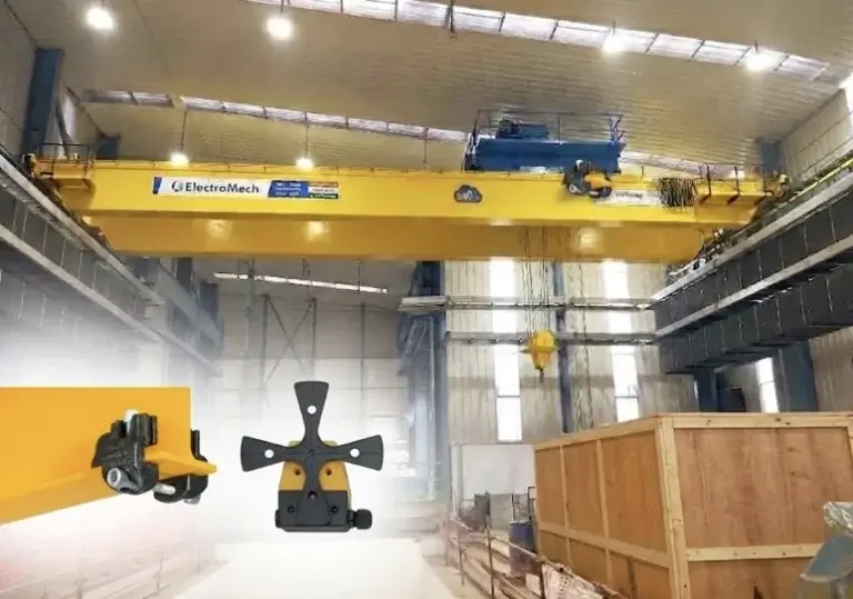Overhead crane ElectroMech di dalam fasilitas industri dengan ilustrasi komponen limit switch untuk membatasi pergerakan crane.