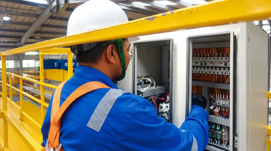 Teknisi memeriksa panel kontrol overhead crane di area runway pabrik sebagai bagian evaluasi sistem penggerak dan gejala rail alignment.