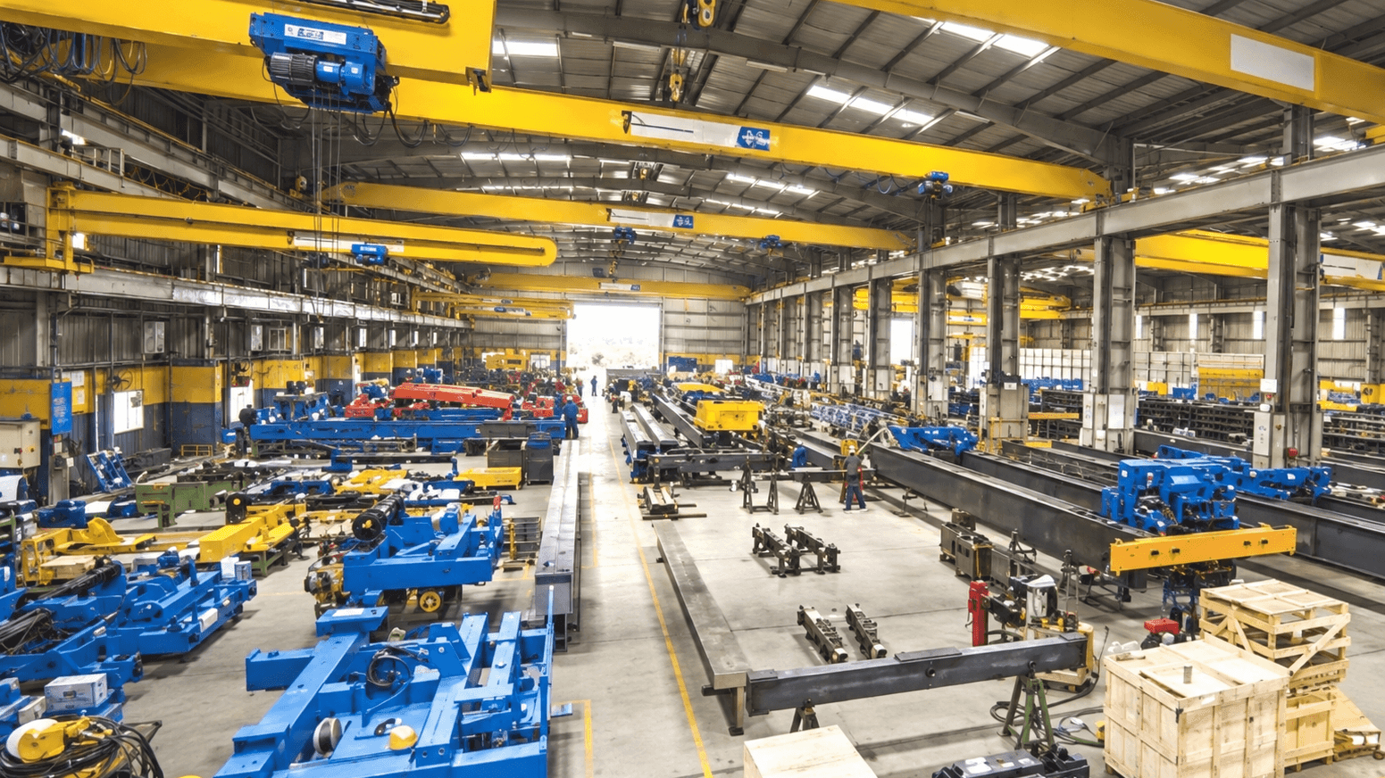 Deretan crane kuning di atas area workshop fabrikasi dengan mesin biru, komponen baja, dan jalur perpindahan material di tengah.