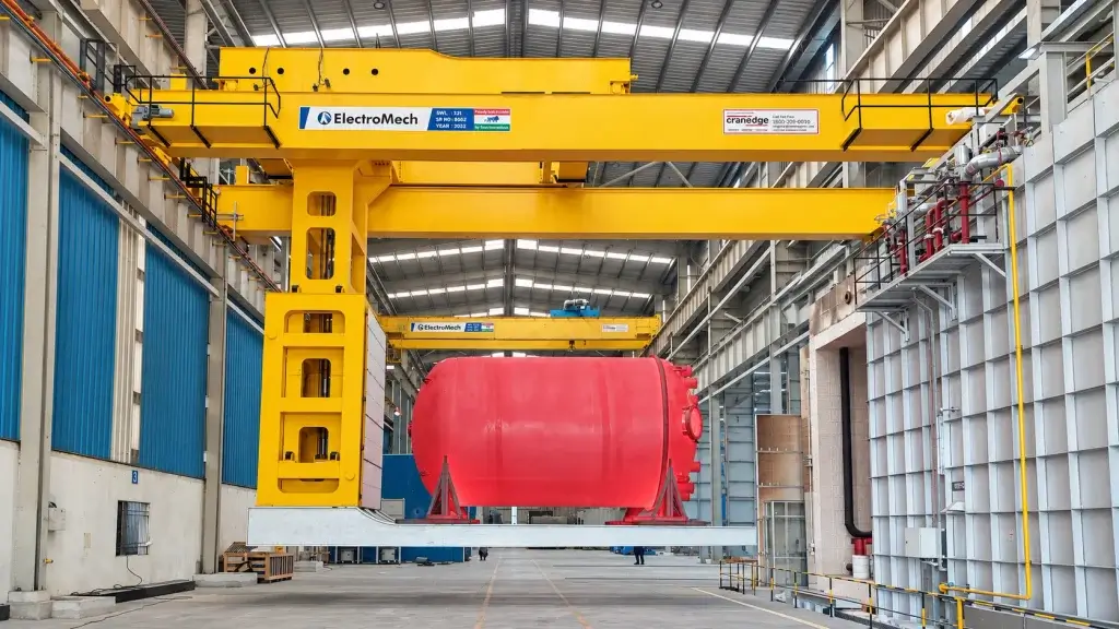 Crane ElectroMech kuning dengan komponen silinder merah berukuran besar pada balok penopang di dalam fasilitas industri.